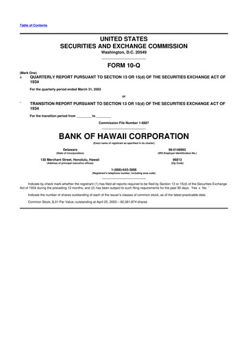 Thumbnail Bank of Hawaii
 10-Q Quarterly Report FY 
