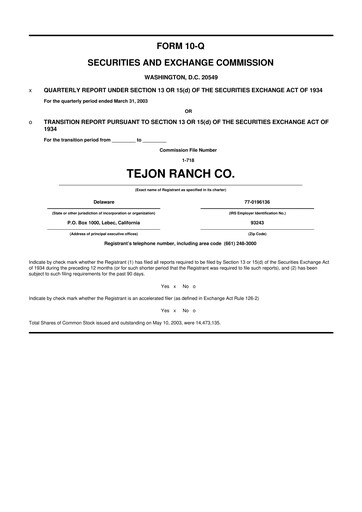 Thumbnail Tejon Ranch
 10-Q Quarterly Report FY 