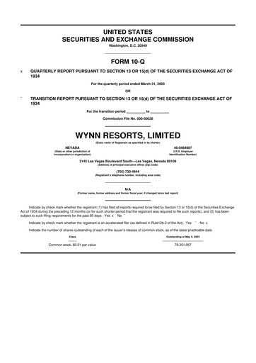 Thumbnail Wynn Resorts
 10-Q Quarterly Report FY 