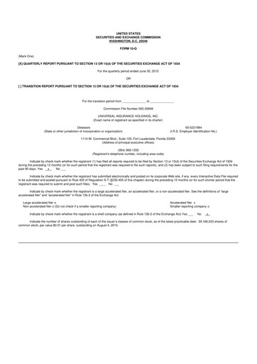 Thumbnail Universal Insurance Holdings 10-Q Quarterly Report FY 