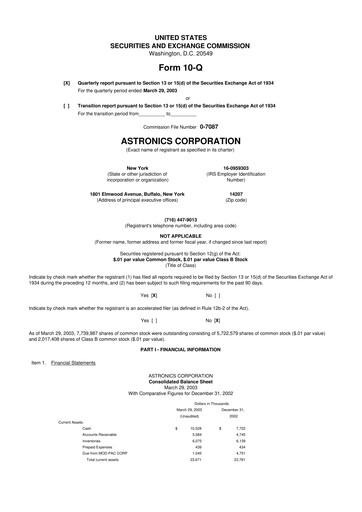 Thumbnail Astronics Corporation
 10-Q Quarterly Report FY 