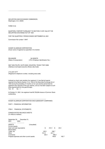 Thumbnail Kaiser Aluminum
 10-Q Quarterly Report FY 