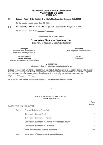 Miniature ChoiceOne Financial Services 10-Q Rapport trimestriel  
