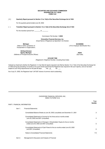 Miniature ChoiceOne Financial Services 10-Q Rapport trimestriel  