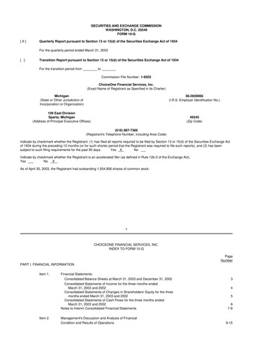 Miniature ChoiceOne Financial Services 10-Q Rapport trimestriel  