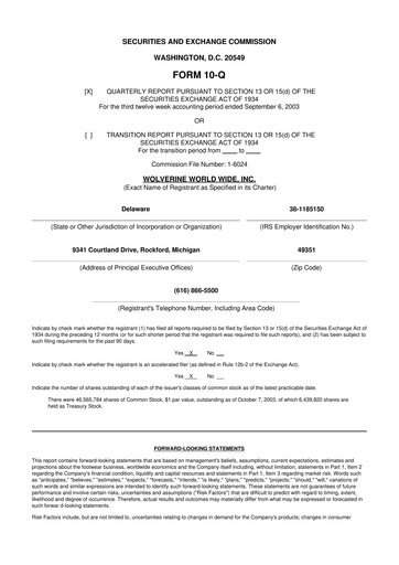 Thumbnail Wolverine World Wide
 10-Q Quarterly Report FY 