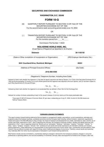 Thumbnail Wolverine World Wide
 10-Q Quarterly Report FY 