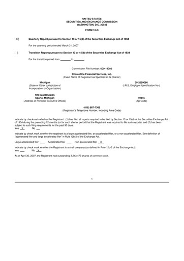 Miniature ChoiceOne Financial Services 10-Q Rapport trimestriel  