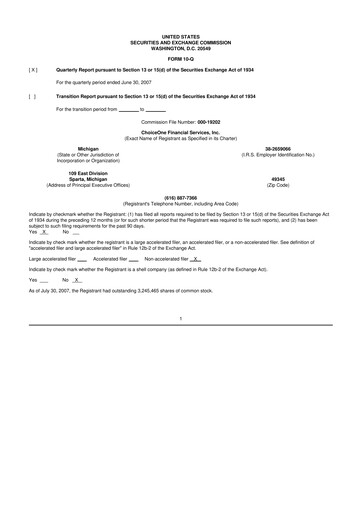 Miniature ChoiceOne Financial Services 10-Q Rapport trimestriel  