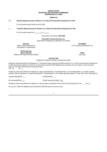 Miniature ChoiceOne Financial Services 10-Q Rapport trimestriel  