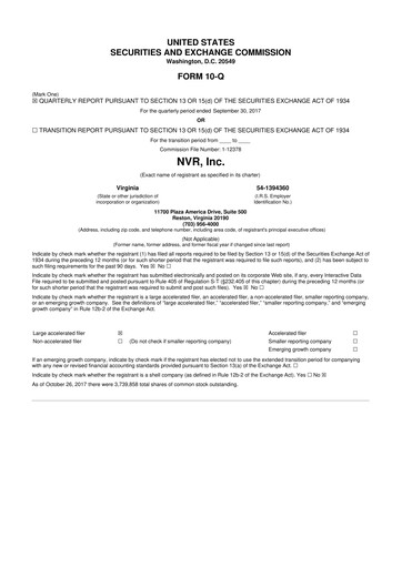 Miniature NVR 10-Q Rapport trimestriel 2017 