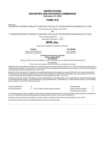 Miniature NVR 10-Q Rapport trimestriel 2018 