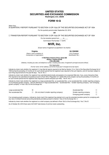 Miniature NVR 10-Q Rapport trimestriel 2018 