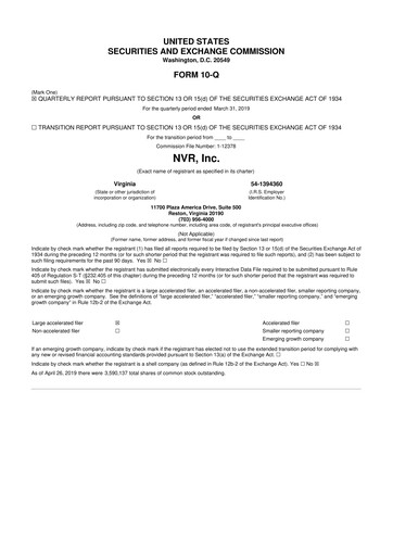 Miniature NVR 10-Q Rapport trimestriel 2019 