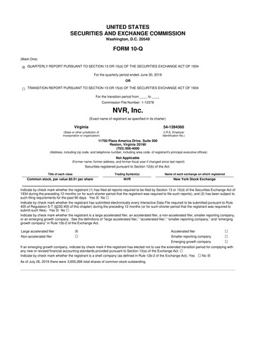 Miniature NVR 10-Q Rapport trimestriel 2019 