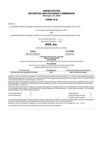 Miniature NVR 10-Q Rapport trimestriel 2019 