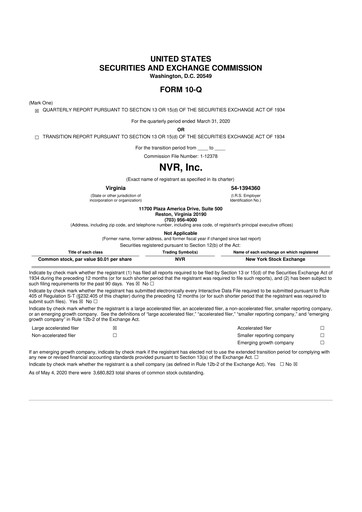 Miniature NVR 10-Q Rapport trimestriel 2020 