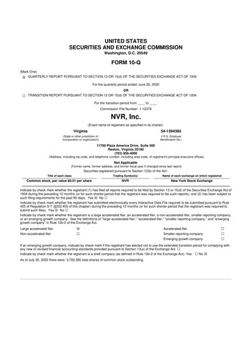 Miniature NVR 10-Q Rapport trimestriel 2020 