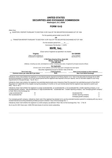 Miniature NVR 10-Q Rapport trimestriel 2021 