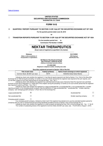 Thumbnail Nektar Therapeutics
 10-Q Quarterly Report FY2019 