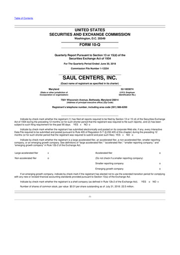 Miniature Saul Centers 10-Q Rapport trimestriel 2018 