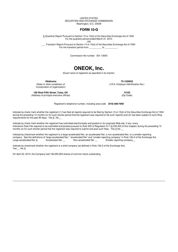 Vorschaubild Oneok 10-Q Quartalsbericht 2010 