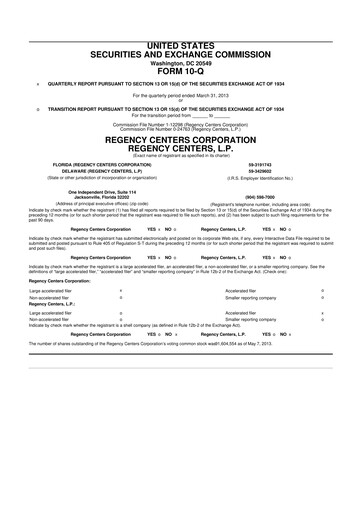 Thumbnail Regency Centers
 10-Q Quarterly Report FY2013 