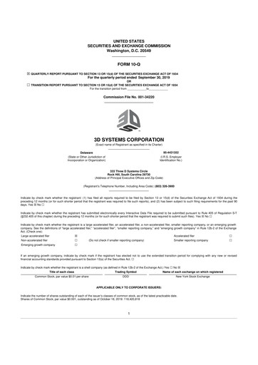 Thumbnail 3D Systems 10-Q Quarterly Report FY2019 