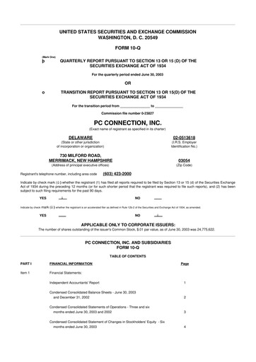 Miniature PC Connection
 10-Q Rapport trimestriel  