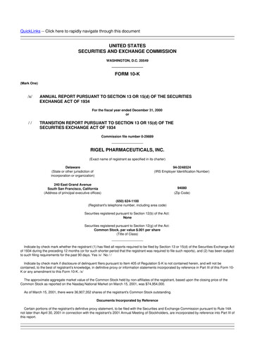 Thumbnail Rigel Pharmaceuticals 10-K Annual Report 2000