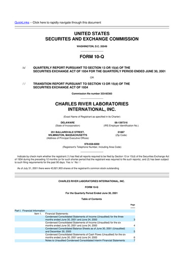 Miniature Charles River Laboratories
 10-Q Rapport trimestriel  