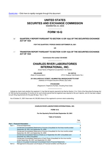 Miniature Charles River Laboratories
 10-Q Rapport trimestriel  