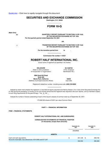 Miniature Robert Half 10-Q Rapport trimestriel  