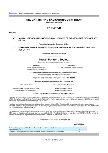 Thumbnail Beazer Homes USA
 10-K Annual Report 2001
