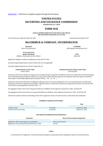 Miniature McCormick & Company
 10-K Rapport annuel 