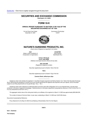 Thumbnail Nature's Sunshine Products 10-K Annual Report 2001