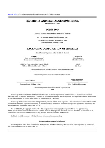 Thumbnail Packaging Corporation of America
 10-K Annual Report 