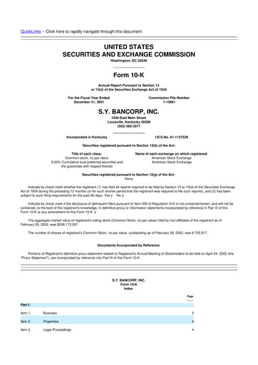 Thumbnail Stock Yards Bancorp 10-K Annual Report 2001