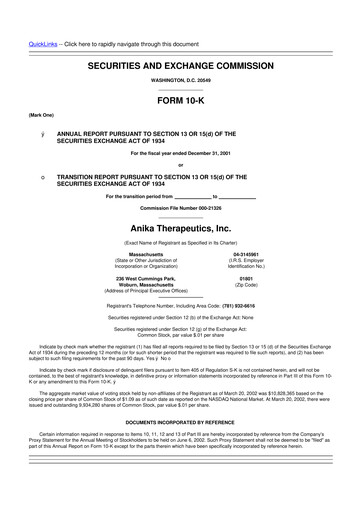 Vorschaubild Anika Therapeutics 10-K Jahresbericht 2001