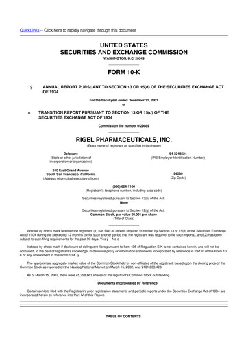Thumbnail Rigel Pharmaceuticals 10-K Annual Report 2001