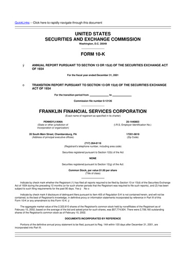 Thumbnail Franklin Financial Services Corporation 10-K Annual Report 2001