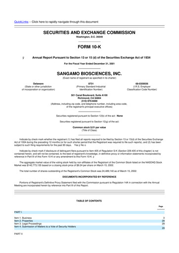 Thumbnail Sangamo Therapeutics
 10-K Annual Report 2001