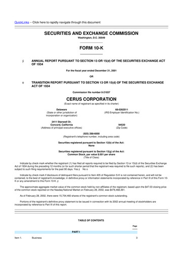Thumbnail Cerus Corporation 10-K Annual Report 2001