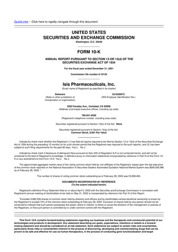 Vorschaubild Ionis Pharmaceuticals
 10-K Jahresbericht 2001