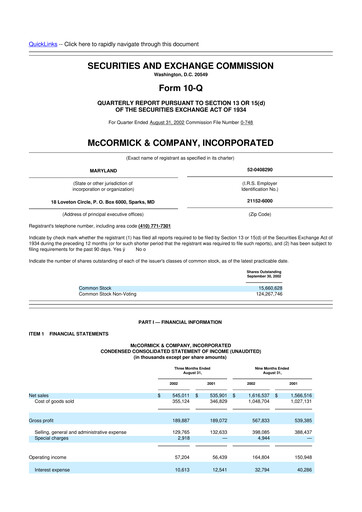 Thumbnail McCormick & Company
 10-Q Quarterly Report FY 