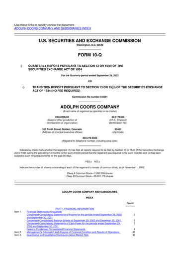Vorschaubild Molson Coors 10-Q Quartalsbericht  