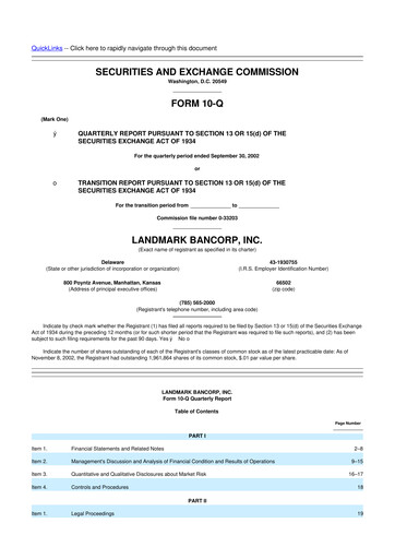 Miniature Landmark Bancorp 10-Q Rapport trimestriel  
