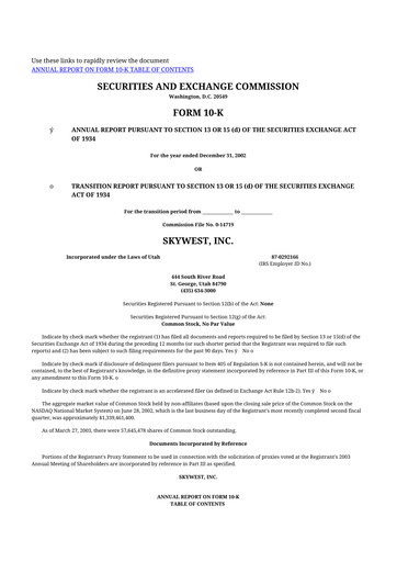 Thumbnail SkyWest 10-K Annual Report 