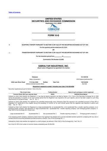 Thumbnail Gibraltar Industries
 10-Q Quarterly Report FY2019 