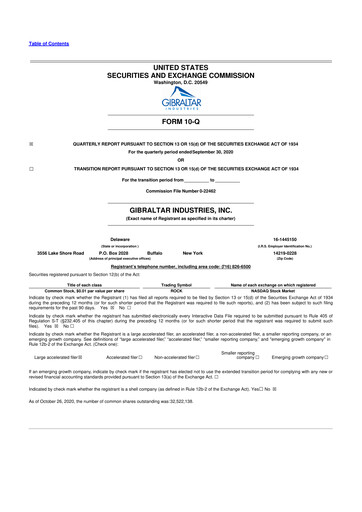 Thumbnail Gibraltar Industries
 10-Q Quarterly Report FY2020 